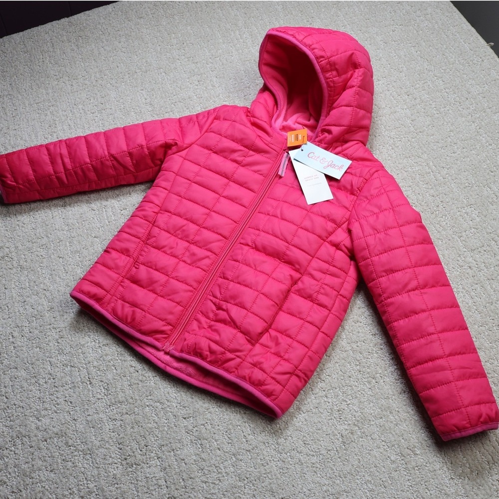 Cat & Jack Girls 5T Dark Pink Hooded Puffer Jacket Fleece Lined NWT